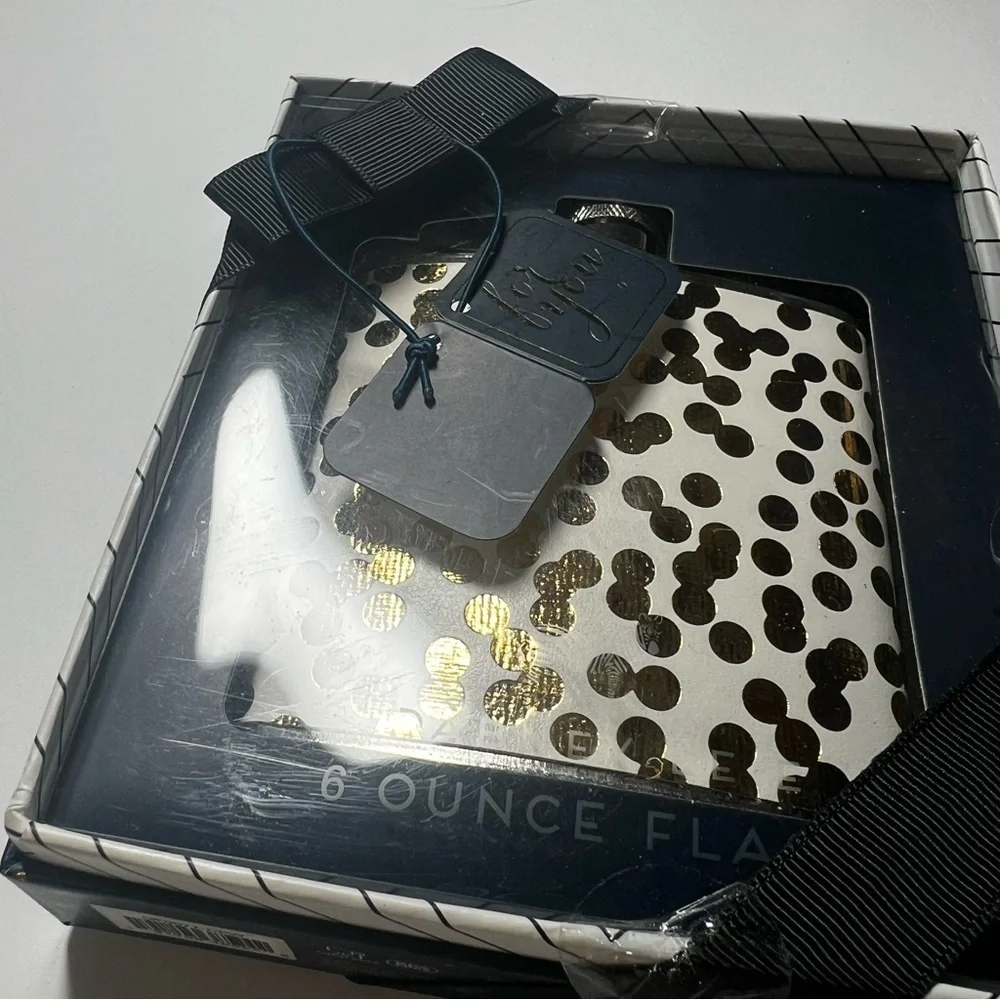 NEW Dabney Lee Flask 6 oz Gold Polka Dot White Stainless Steel